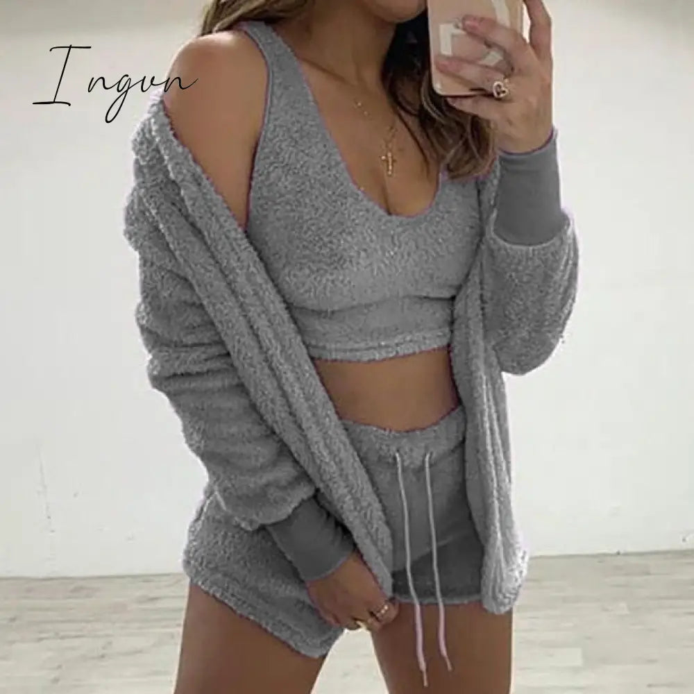 Ingvn - Three Piece Sexy Fluffy Outfits Plush Velvet Hooded Cardigan Coat+Shorts+Crop Top Women Tracksuit Sets Casual Sports Sweatshirt