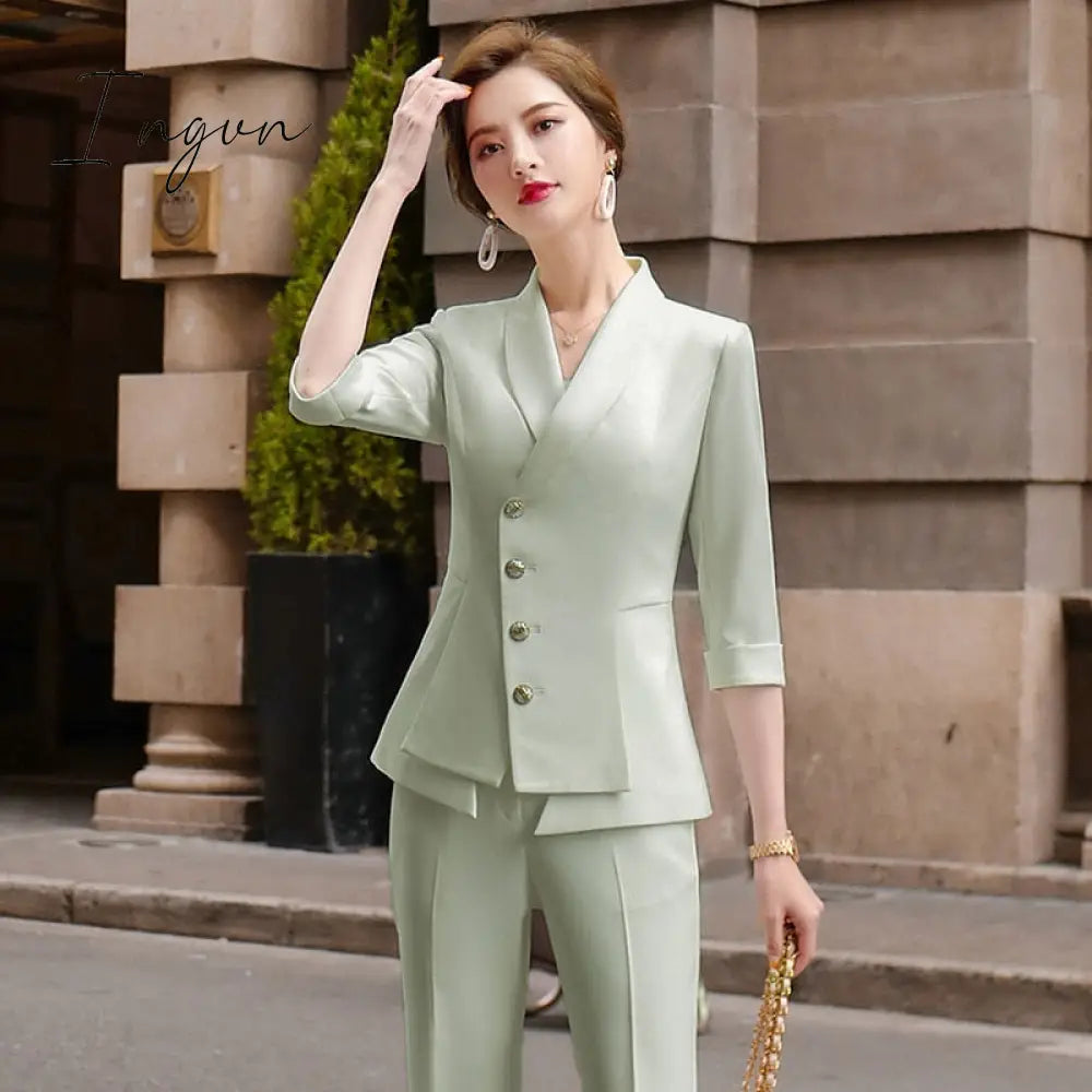 Ingvn - High Quality Casual Women's Suit Pants Two Piece Set  New Summer Elegant Ladies White Blazer Jacket Business Attire