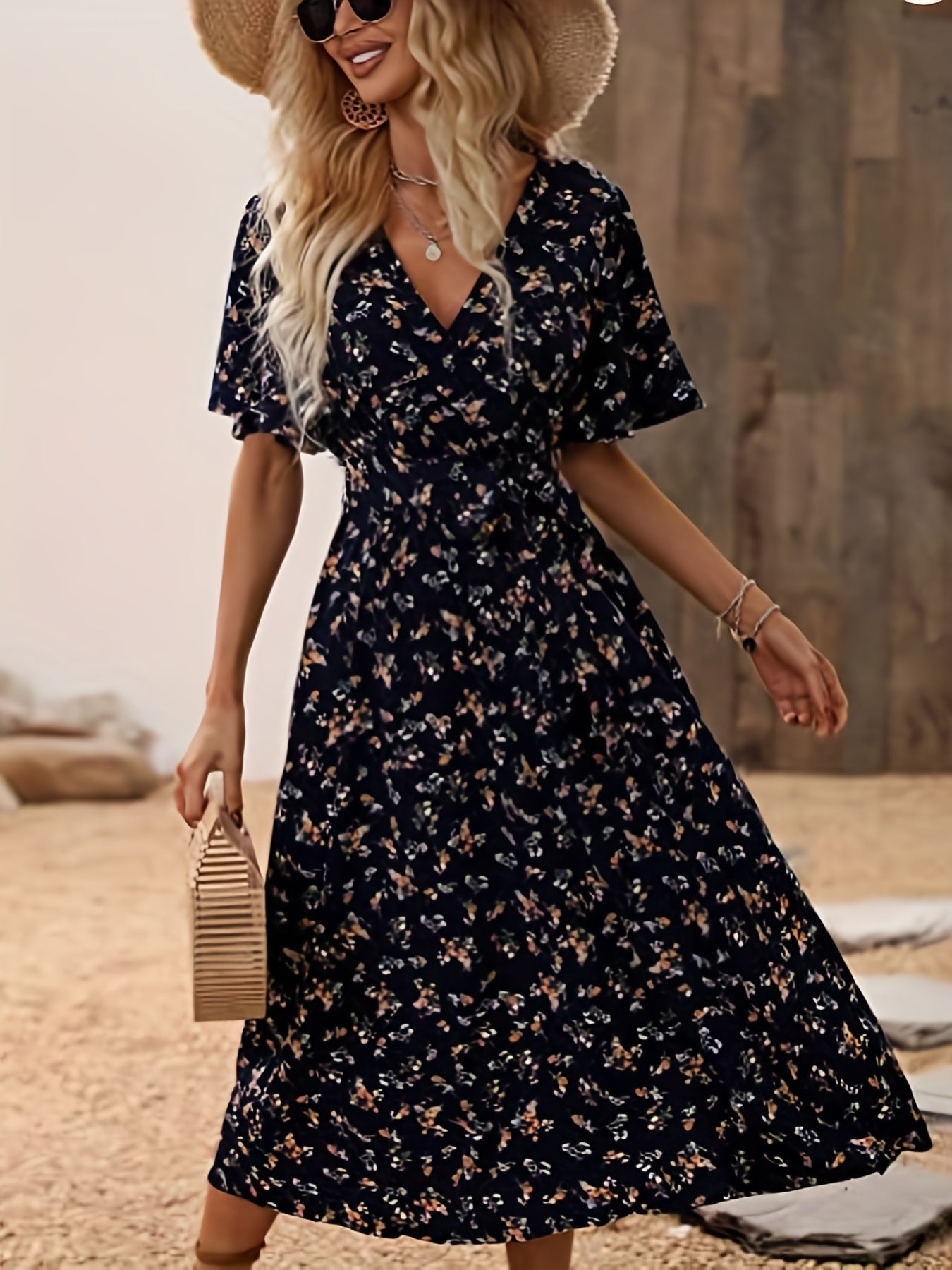 Floral Print Flutter Sleeve Dress, Boho V Neck Slim Waist Dress, Women's Clothing