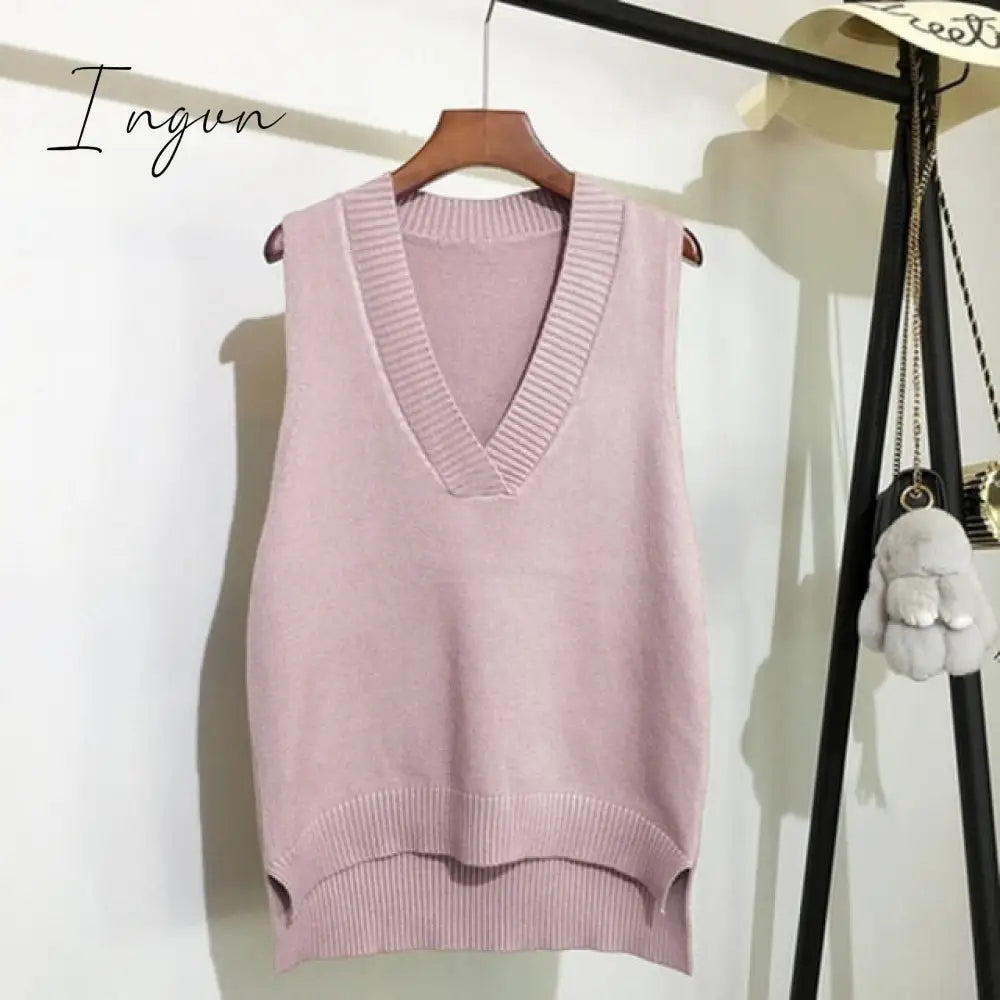 Ingvn - V-neck knitted Vest Women's Sweater Autumn And Winter New Korean Loose Wild Pink Sweater Vest Women Sleeveless Sweater 11810