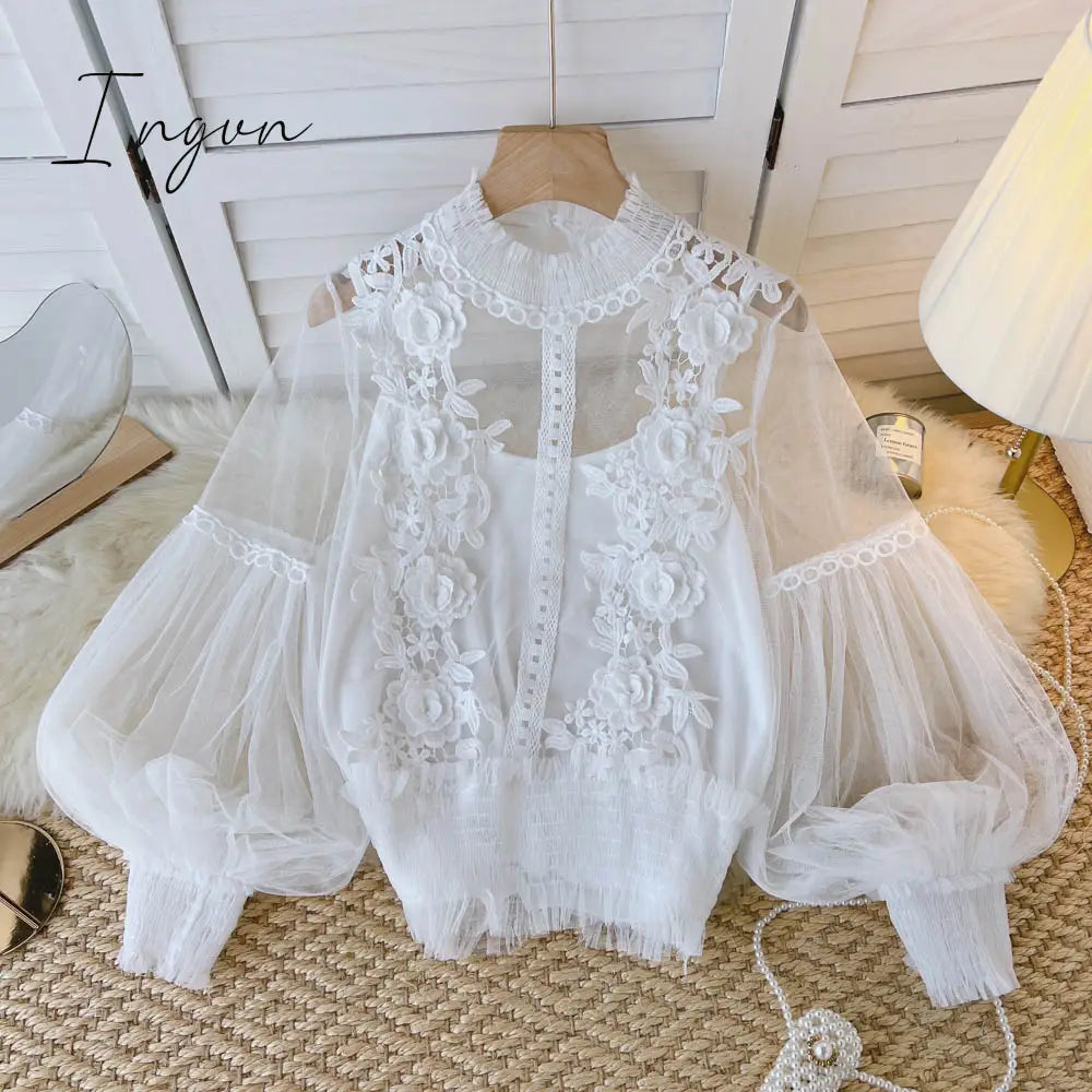 Ingvn - spring Women Mesh Tops Fashion Sexy Sheer Lace Blouse Lantern Sleeve 3D Floral Blouses Shirts Elegant Top Blusas Femininas