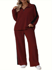 Stylish Plus Size Co-ords - Ribbed Half Zip Long Sleeve Sweatshirt and Wide Leg Pants Outfits for Women - Casual, Comfortable, and Chic Clothing Set for Curvy Figures