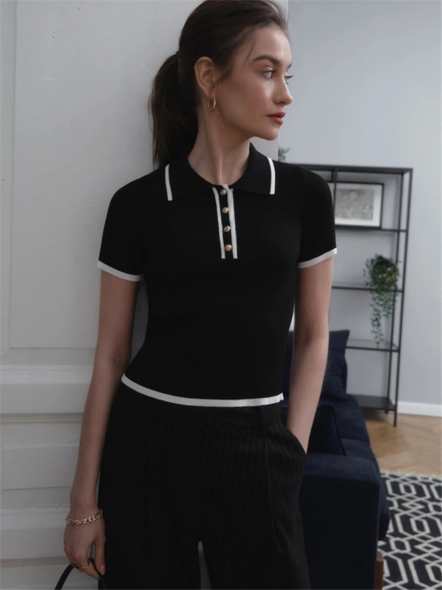 Ingvn  Knit Sweater Pullover Women Short Sleeve Patchwork Slim  Elegant Contrast Knitwear Top Female Skinny Ribbed Pullover