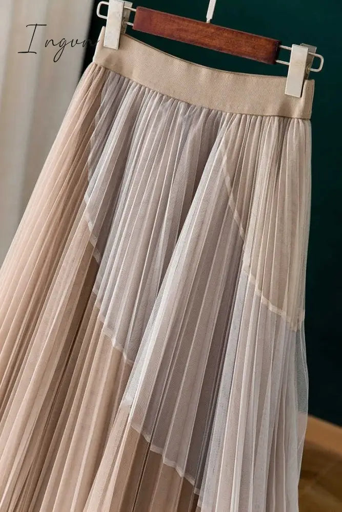 Ingvn - Gauze Patchwork Pleated Midi Skirts Spring Summer New Fashion Streetwear Casual Elastic High-waisted Women's Skirt