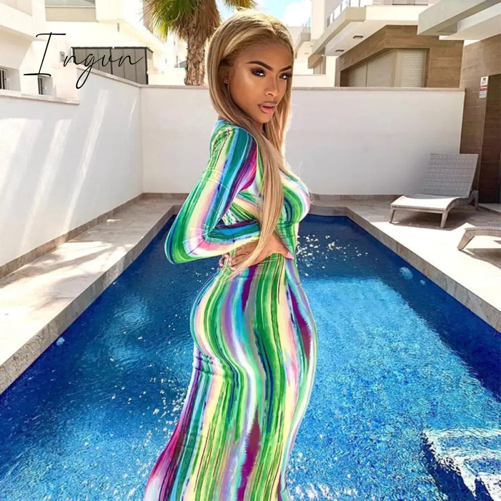 Ingvn - Stripe Tie Dye Print Sexy Maxi Dress Spring Casual Long Dress Women Nightclub Long Sleeve Bodycon Dresses C70CC31
