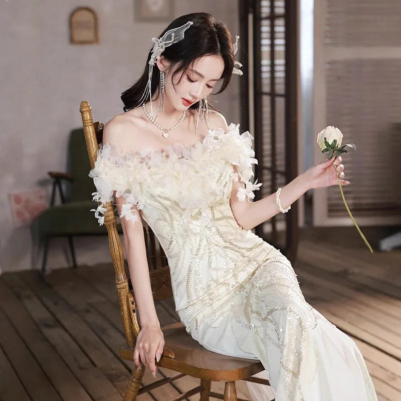 Beige white light luxury fairy evening dress new line shoulder waist fish tail banquet evening dress