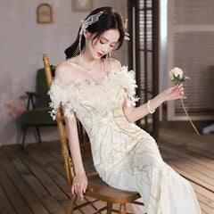 Beige white light luxury fairy evening dress new line shoulder waist fish tail banquet evening dress