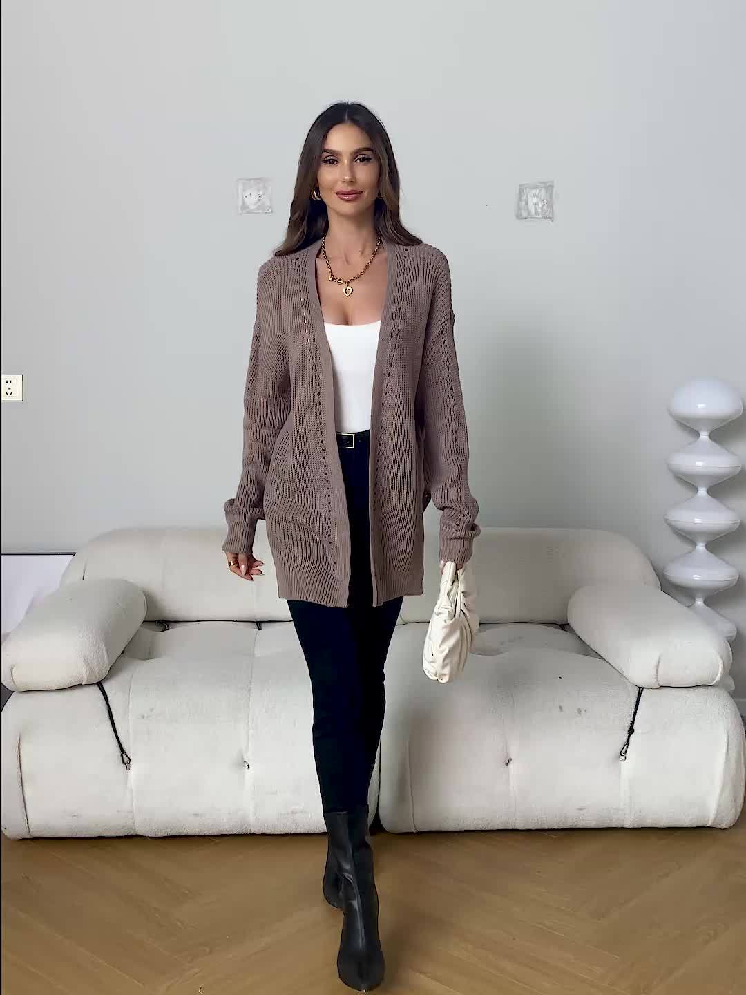 Solid Color Open Front Cardigan, Casual Long Sleeve Cardigan For Fall & Winter, Women's Clothing