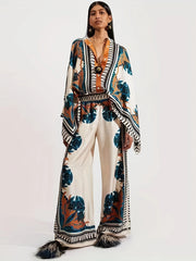 Two-piece Set, Long Sleeve Ethnic Print High Waist Wide Leg Pants Outfits, Button Front Blouse Women's Clothing