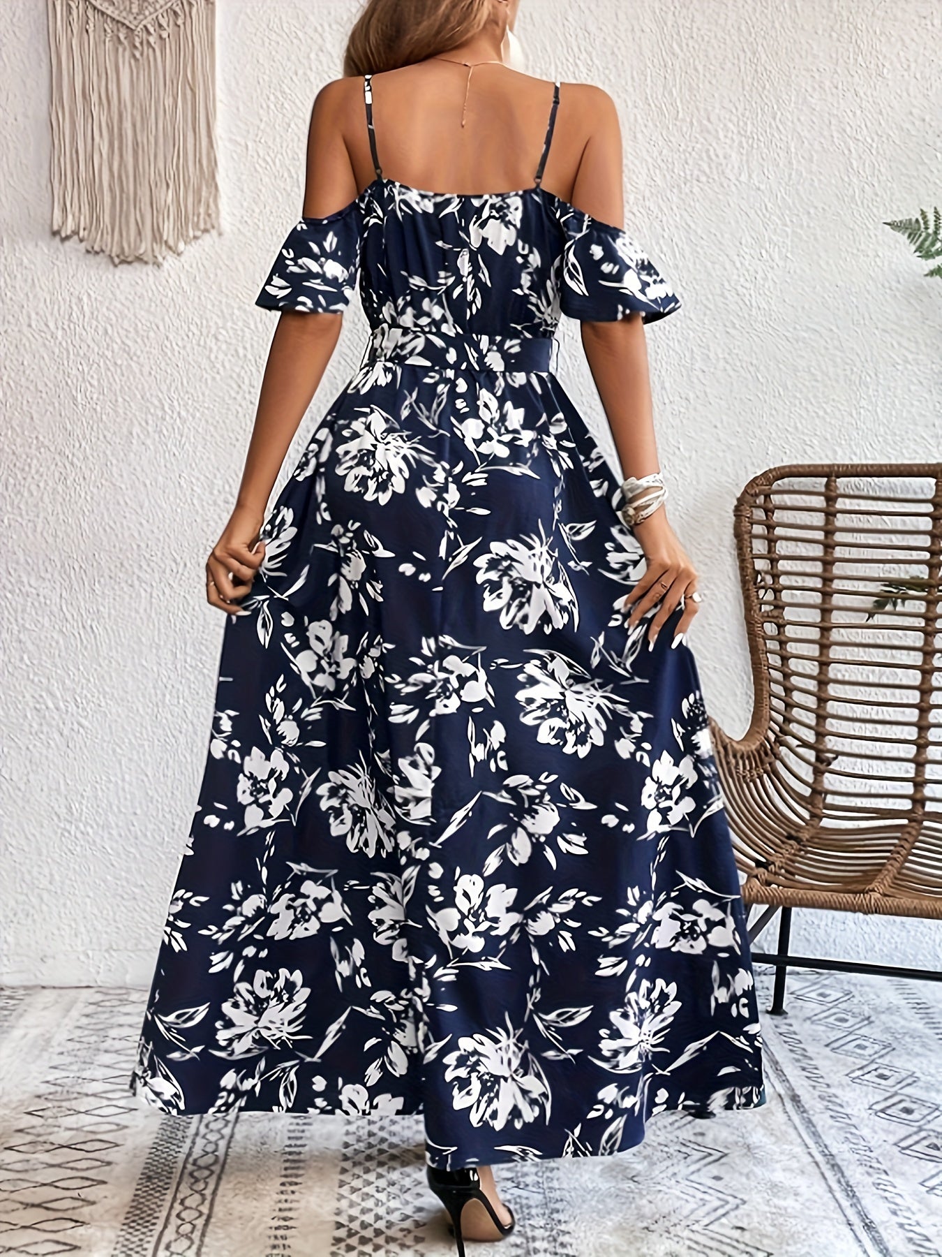 Vibrant Floral Print A-Line Dress - Cold Shoulder, Belted, Split Sleeveless, Elegant, Comfortable, Spring & Summer Essential - Women's Clothing, Perfect for Outdoor Activities