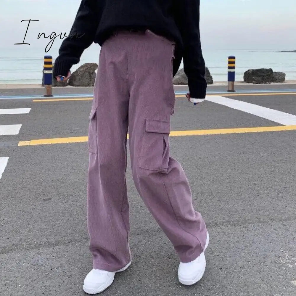 Ingvn - Summer Outfits Trends Women's Cargo Pants Corduroy Wide Leg Pocket Jogger Trousers Autumn Winter Casual Loose Streetwear Harajuku Harem Pant Females