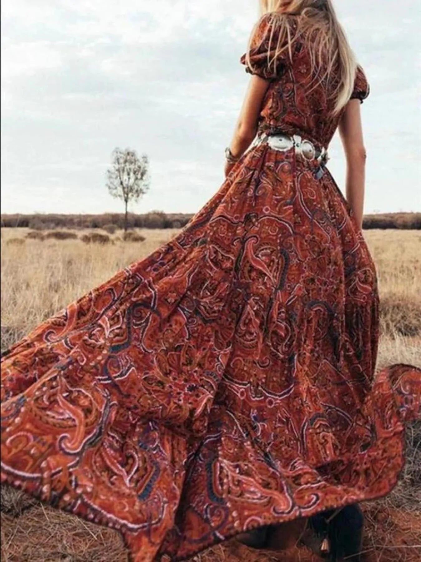 Full Size Printed Puff Sleeve Maxi Dress Plus Size