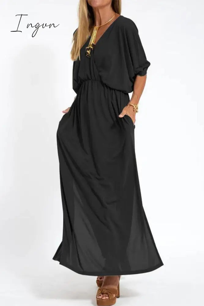 Ingvn - Casual Simplicity Solid Pocket Slit V Neck A Line Dresses