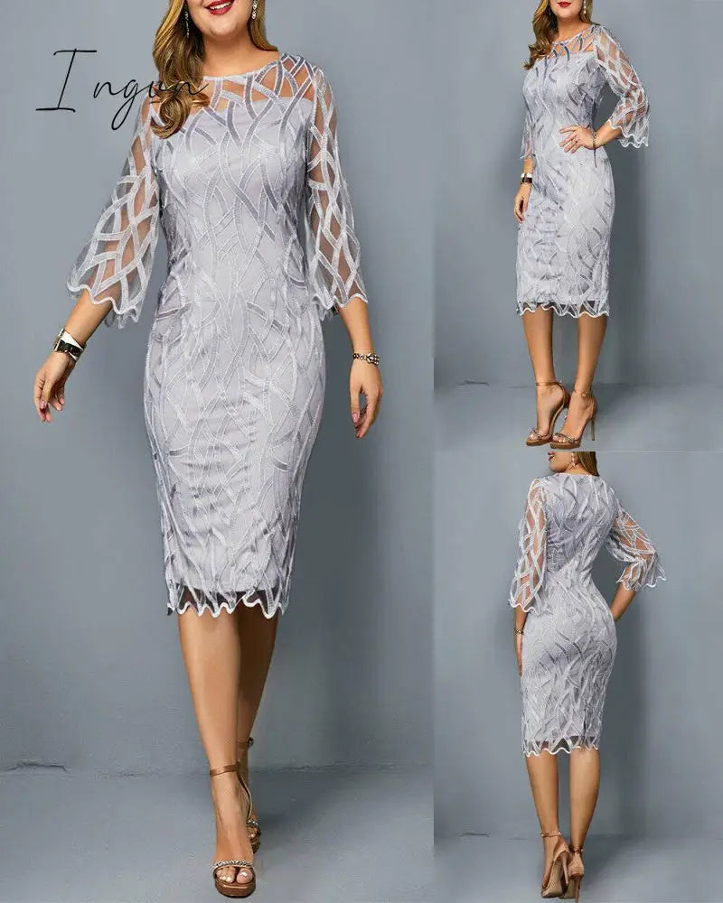 Ingvn - Summer Women Lace Slim Patchwork Party Dress Office Ladies Round Neck Flare Sleeve Stretch Bodycon Plus Size Dresses