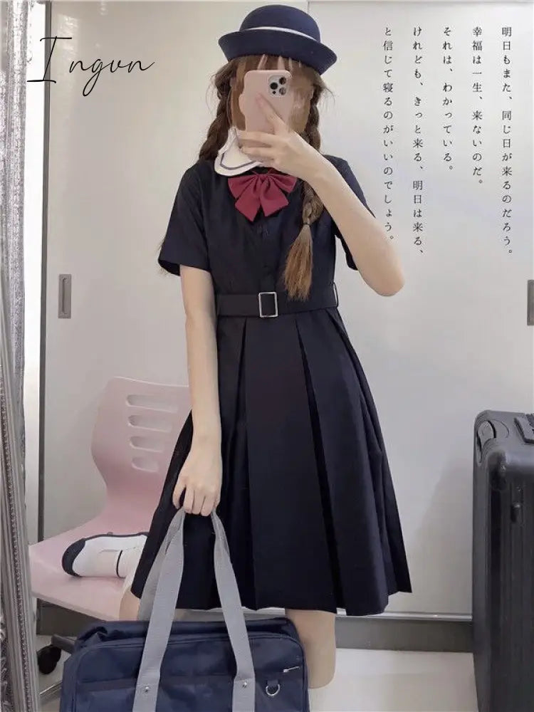Ingvn - Harajuku Sailor Collar Navy Dress Japanese Lolita Sweet Bow-knot Girl Retro Cotton Kawaii Preppy Style Short Sleeve Dress Women