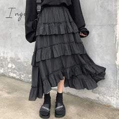 Ingvn - Midi Long Skirts Womens Maxi Skirt Goth Lolita Summer High Waisted Asymmetrical High Low Ruched Ruffle Skirts rok