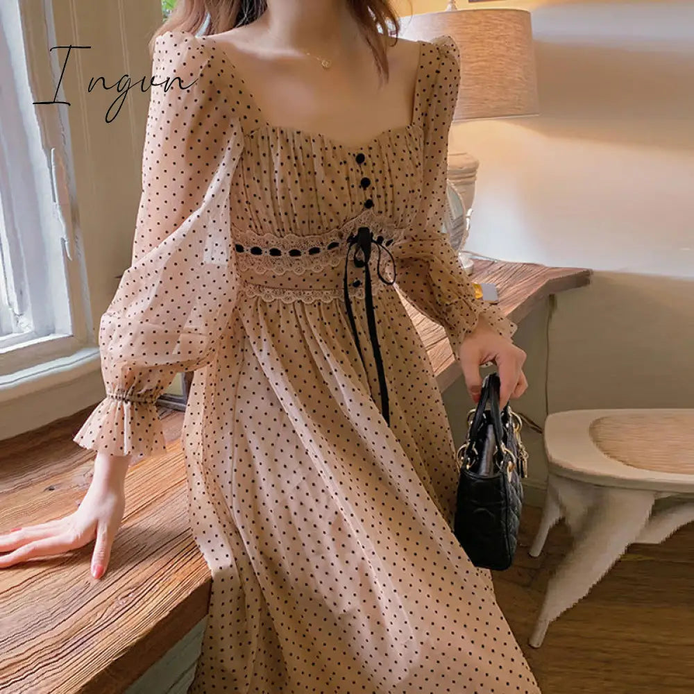 Ingvn - French Vintage Midi Dress Women Puffer Sleeve Square Collor Office Elegant Dress Female Spring Dot One Piece Dress Korean