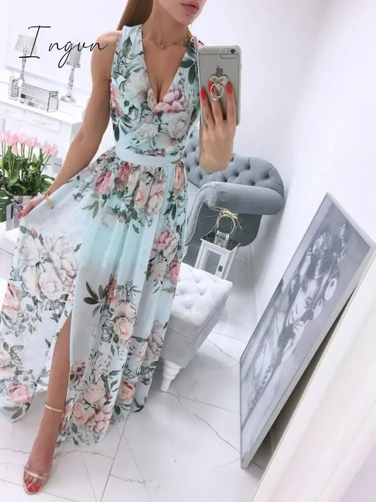 Ingvn - Sexy Long Evening Dress Elegant Dress For Women V-neck Side Split Party Dresses Female Summer Fashion Casual Club Ladies Clothes