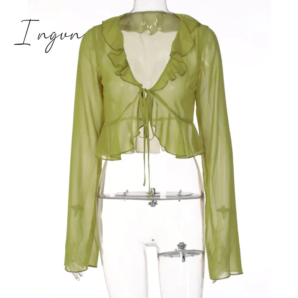 Ingvn - Summer Outfits Vintage 90s Streetwear Ruffles Trim Green Chiffon T-shirts Y2K Fashion Sexy Deep V Lace Up Long Sleeve Tops Transparent