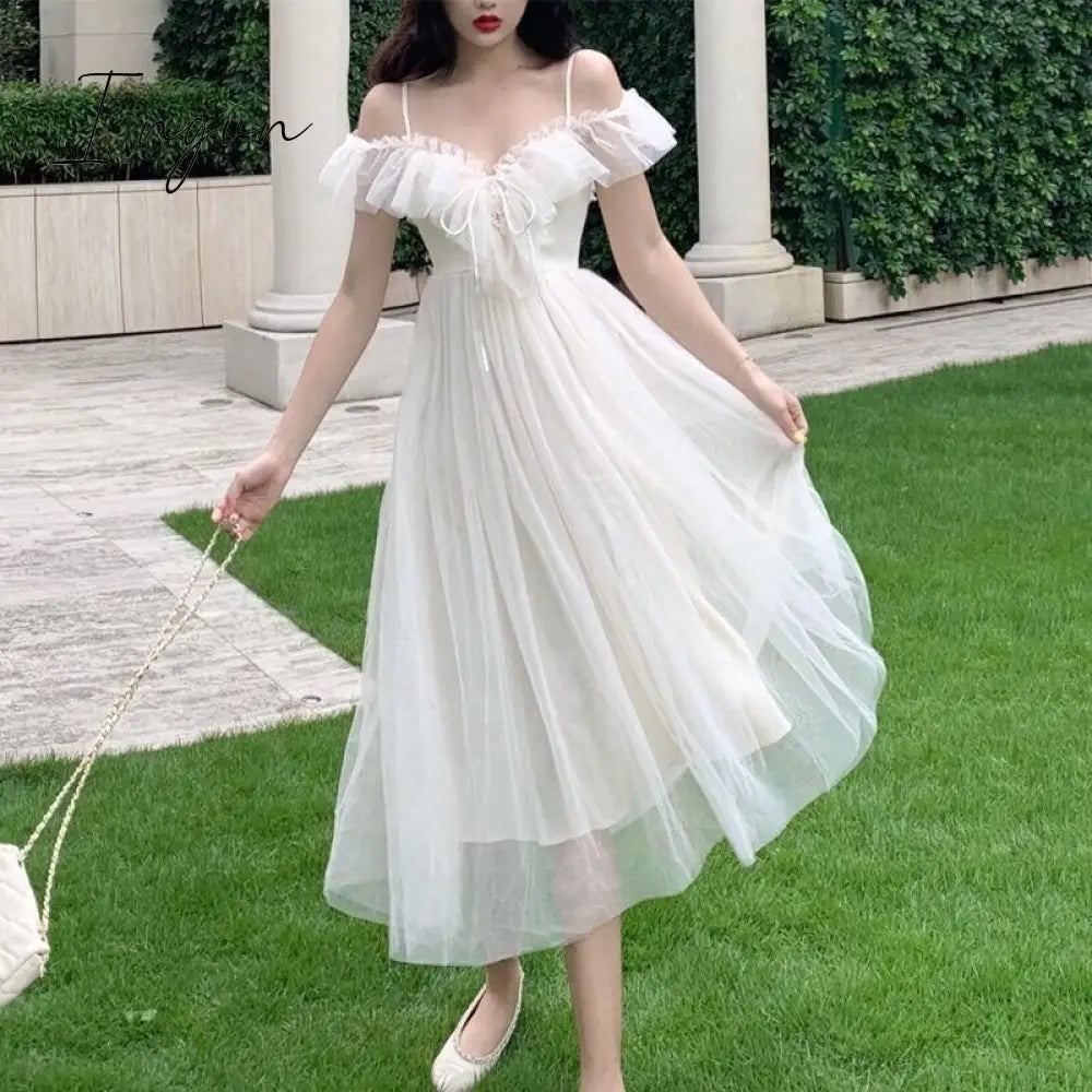 Ingvn - Going Out Outfits Mesh Ruffle Slash Neck Off Shoulder Dresses Lace Up Women Summer Vestidos Mujer Korean Fashion White Dress Strap Tide Robe Femme