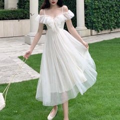 Ingvn - Going Out Outfits Mesh Ruffle Slash Neck Off Shoulder Dresses Lace Up Women Summer Vestidos Mujer Korean Fashion White Dress Strap Tide Robe Femme