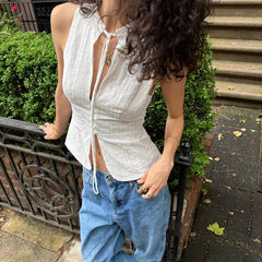 y2k Tank Top Women Summer Clothes White Flower Embroidery Mock Neck Front Cutout Sleeveless T Shirt Vest Streetwear