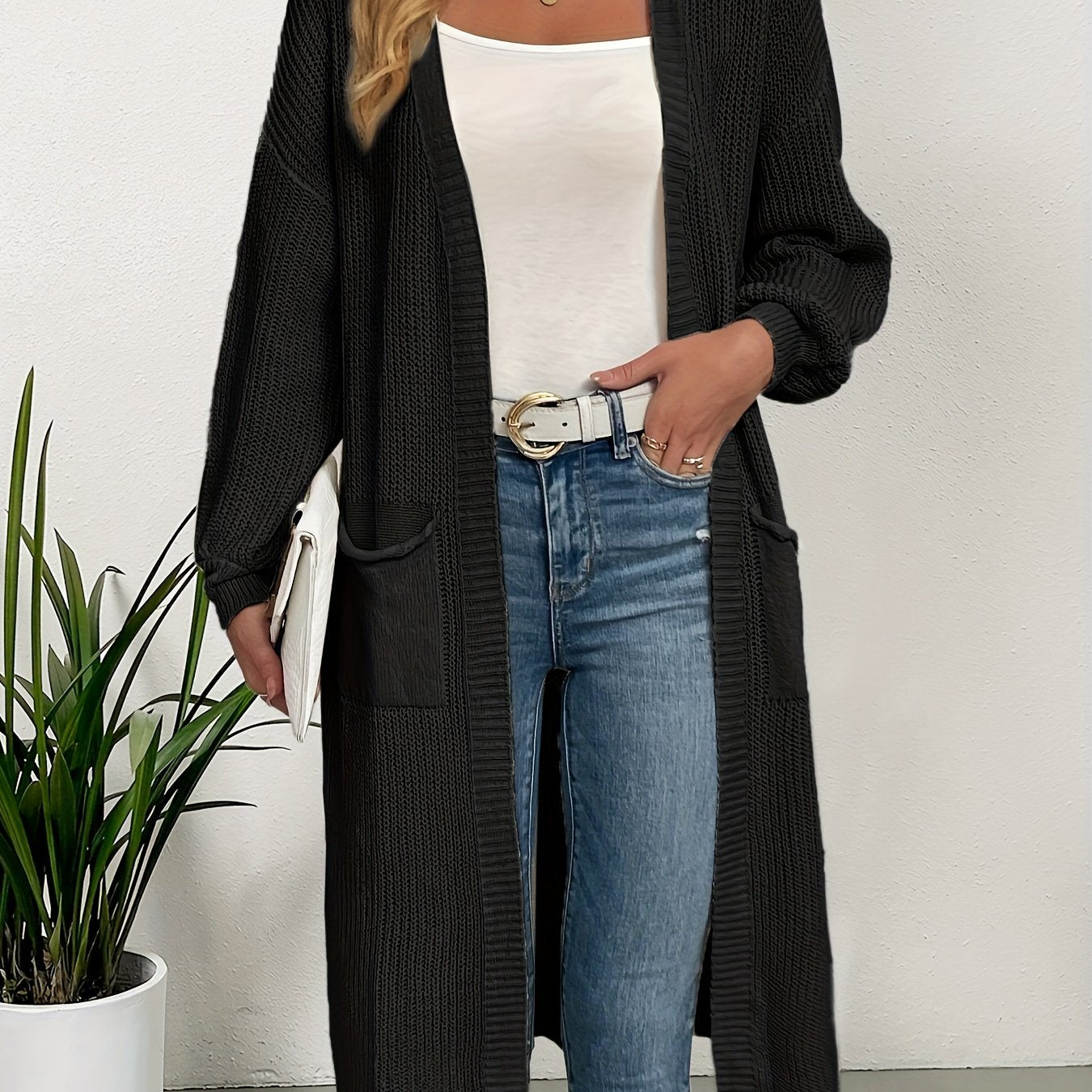Elegant Warm Knit Cardigan for Women - Solid Color, Long Sleeve & Length, Durable and Cozy for Fall/Winter