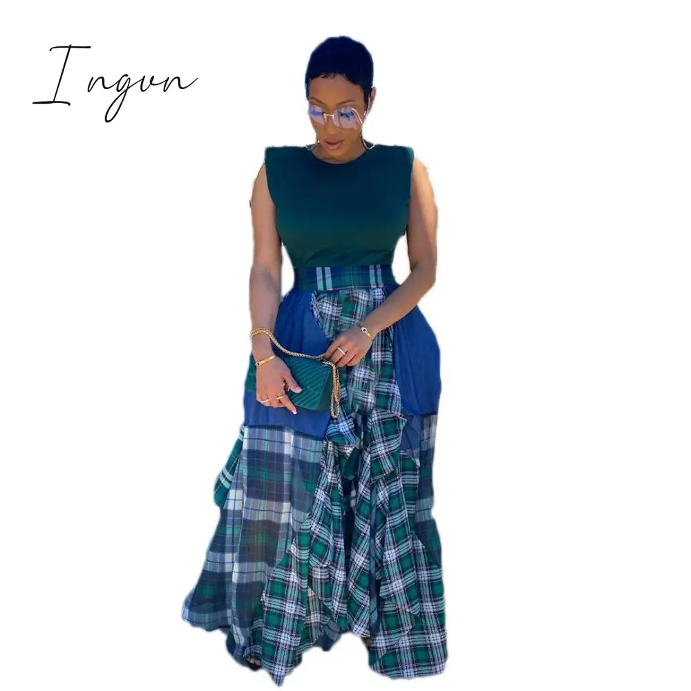 Ingvn - Womens Fashion Ladies Fashion Stitching Printed Plaid Young Fashion Casual Bohemian Super Loose Multicolor Skirt