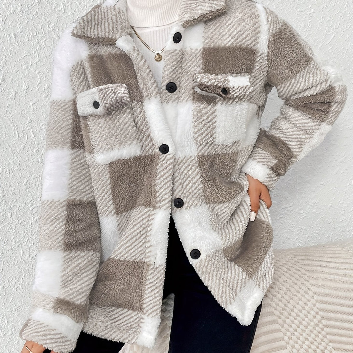 Plaid Pattern Button Front Jacket, Elegant Long Sleeve Warm Outerwear For Fall & Winter, Women's Clothing