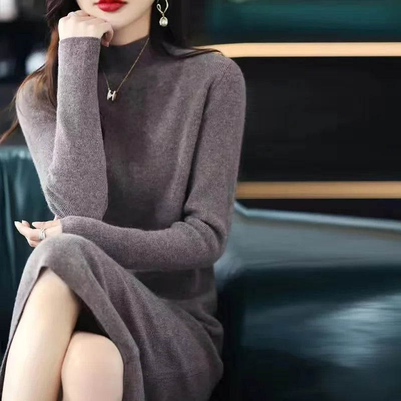 Korean Casual Long Sleeve Knitted Midi Dresses for Women Autumn Winter Elegant Half High Collar Sweaters Female Clothing