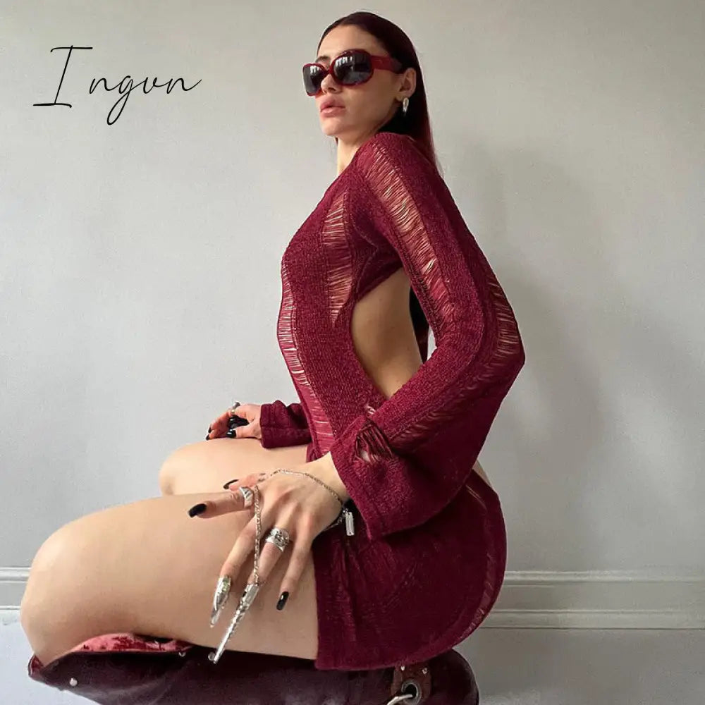 Ingvn - Fashion Trends Round Collar See Through Dress Women Sexy Long Sleeve Elegant Beachwear Hollow Out Backless Knitted Female Dress Summer