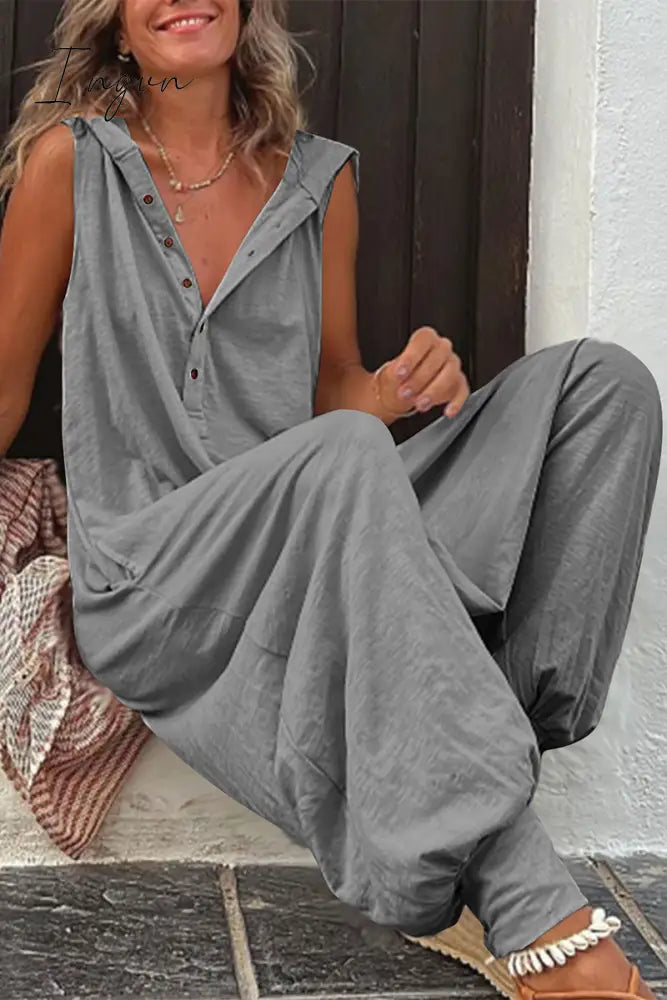 Ingvn - Casual Solid Buckle Hooded Collar Loose Jumpsuits(10 Colors)