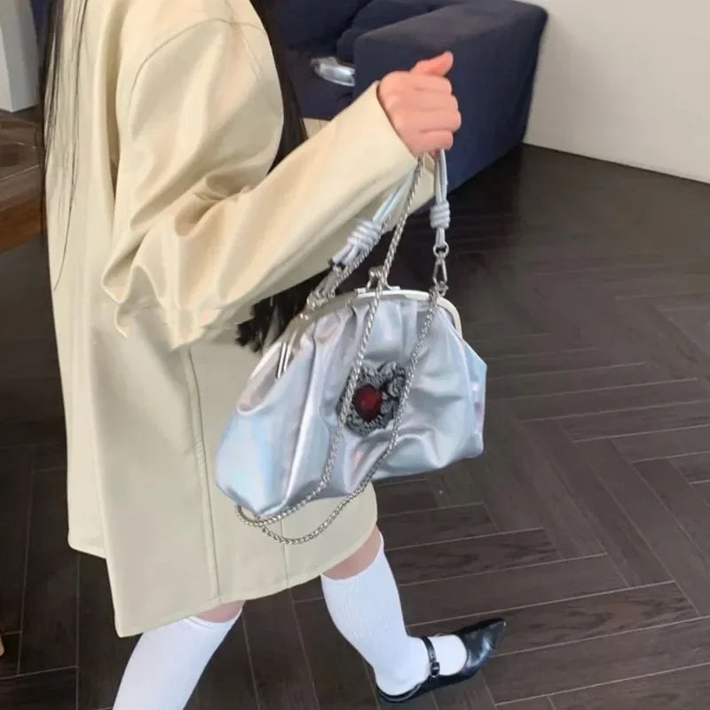 Ingvn  Vintage Y2k Womens Handbag Silver Gothic Fashion Chains Casual Shoulder Bag Pu Leather Pleated Original Female Shell Bag
