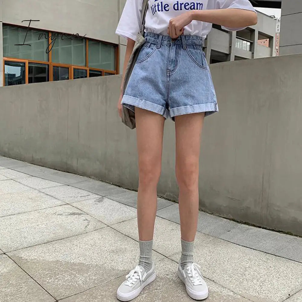 Ingvn - New Summer High Waist Denim Shorts Women Casual Loose Ladies Fashion Plus Size Elastic Waist Wide Leg Short Jeans Female