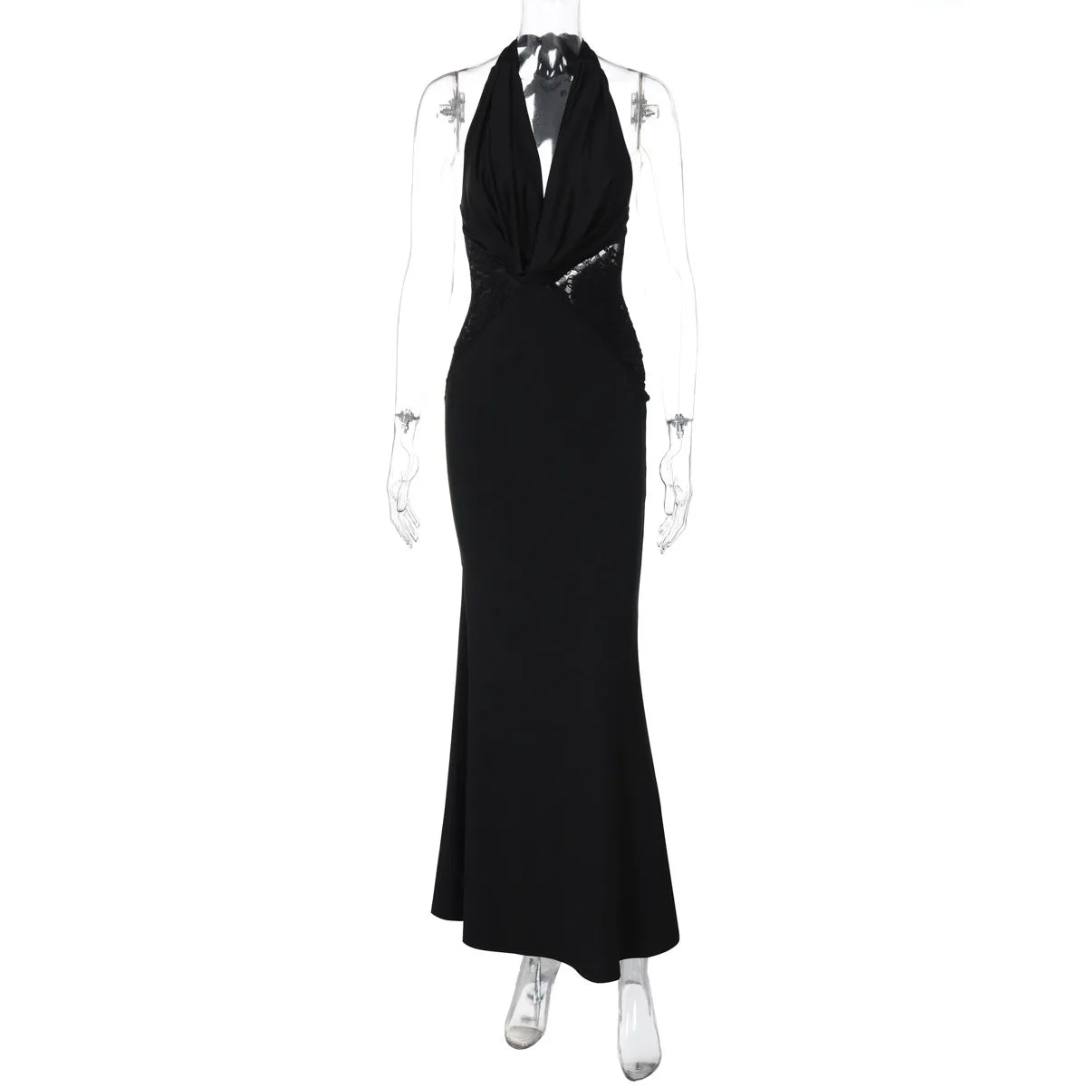 Halter Deep V Neck Sexy Maxi Dress For Women Gown Black Lace Off-shoulder Backless Sleeveless Bodycon Long Dress