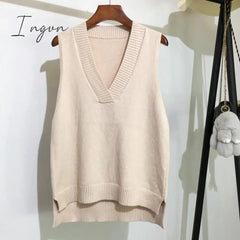Ingvn - V-neck knitted Vest Women's Sweater Autumn And Winter New Korean Loose Wild Pink Sweater Vest Women Sleeveless Sweater 11810