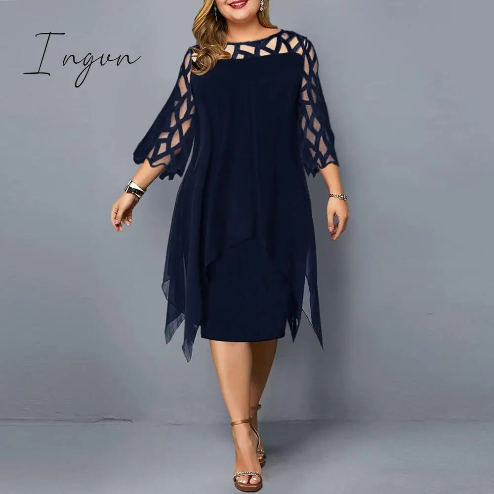Ingvn - Plus Size Dresses 4XL 5XL 6XL Lace Mesh Sexy Elegant Midi Party Dress Red Black Green Purple Loose Hellow Women's Clothing