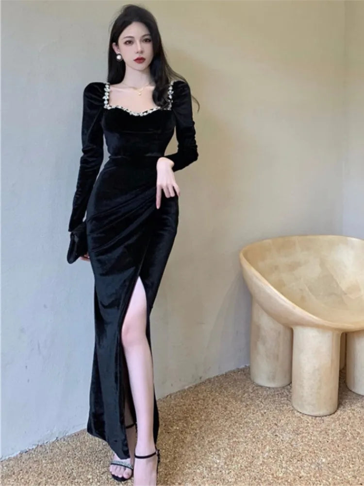Autumn Sexy Bodycon Evening Party Dress Women Velvet Diamonds Prom Robe Ladies France Vintage Split Mermaid Vestidos Mujer New
