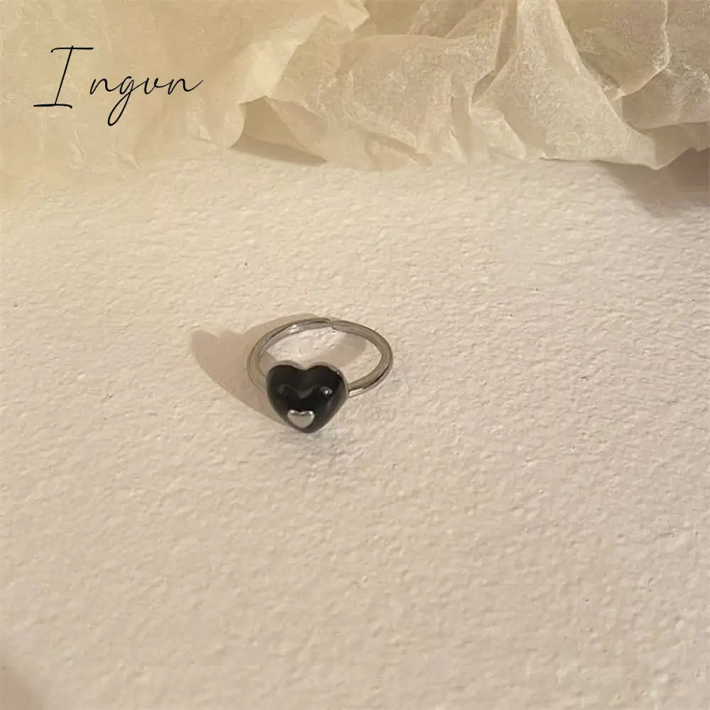 Kpop Vintage Trend Black Heart Open Adjustable Rings Pearl Beaded Ring for Women Aesthetic Jewelry Wedding Gifts Accessories