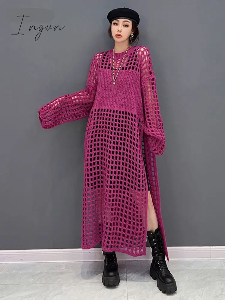 Ingvn - Fashion Solid Color Knitting Dress Loose Casual Temperament Hollow Out Sweater O-neck All-match Women New