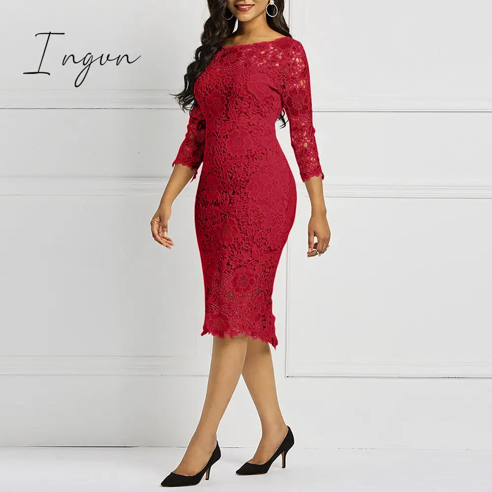 Ingvn - Women Midi Dress Hot Sale Elegant Sexy OL Bodycon Floral Hollow Lace Female Fashion Evening Party Chic Sheath Ladies Dresses