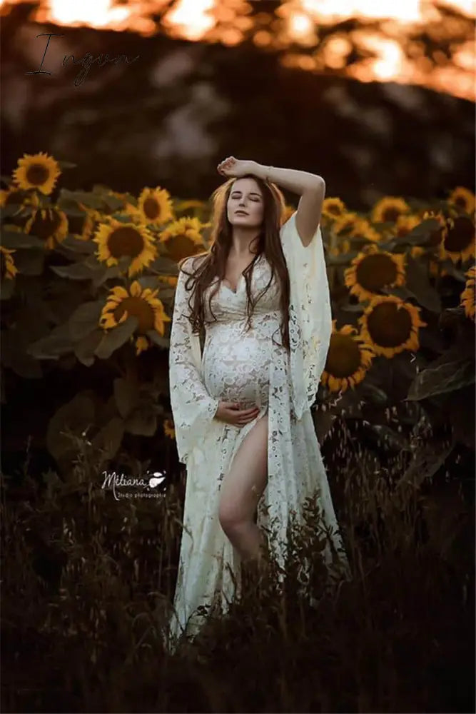 Ingvn - Boho Style Lace Maternity Dress For Photography Maternity Photography Outfit Maxi Gown Pregnancy Women Lace Long Dress