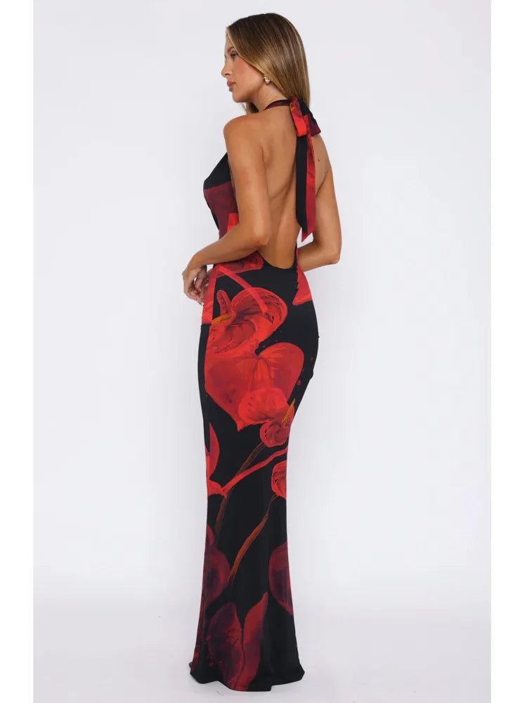 Elegant Sleeveless Swinging Neck Printed Slim Dress Women Sexy Open Back Lace Up Bodycon Long Dress Vacation Beach Party