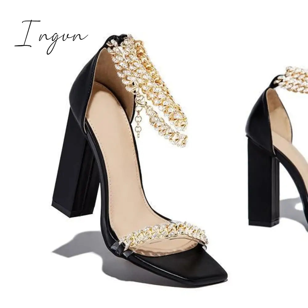 Ingvn - Gold-Tone Chain Embellished Ankle Strap Chunky Heels