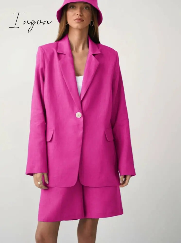 Ingvn - Fashion Trends Office Cotton Linen Outfit Spring Autumn Notched Loose Long Sleeve Blazer Fashion Lady Women Suits High Waist Shorts Sets