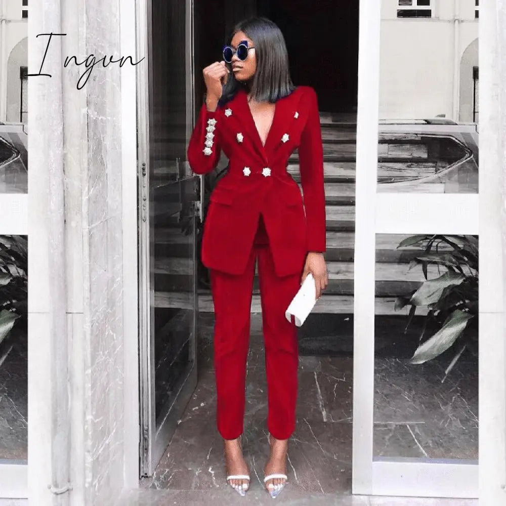 Ingvn - Summer Sets for Women New Navy Blue V Neck Long Sleeve Sexy 2 Piece Set Outfits High Quality Two Piece Set Suit