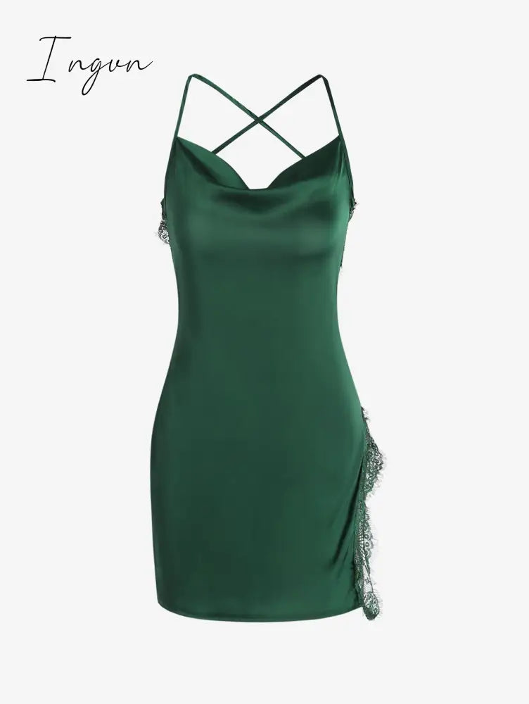 Ingvn - Women's Sexy Satin Dress Spaghetti Strap Slips Nightwear Side Slit Cocktail Party Silk Mini Dresses