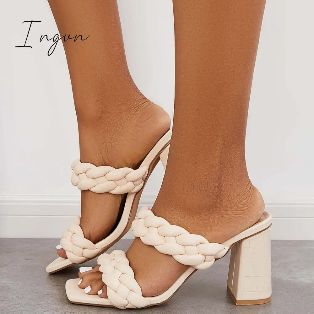Ingvn - Square Toe Block High Heels Backless Slip on Mule Sandals