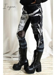 Ingvn - Women's cool ultra gathered pants Halloween gothic rocker distressed punk tie leggings gray black red s m l xl xxl