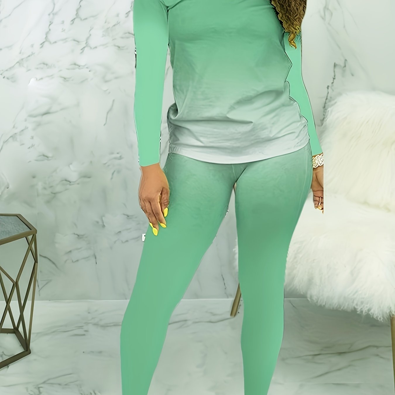 Plus Size Casual Outfits Set, Women's Plus Ombre Print Long Sleeve Round Neck Top & Pants Outfits Two Piece Set